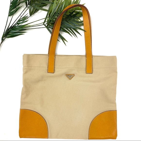 Prada Handbags - PRADA | Fabulous Tan Canvas + Leather Tote